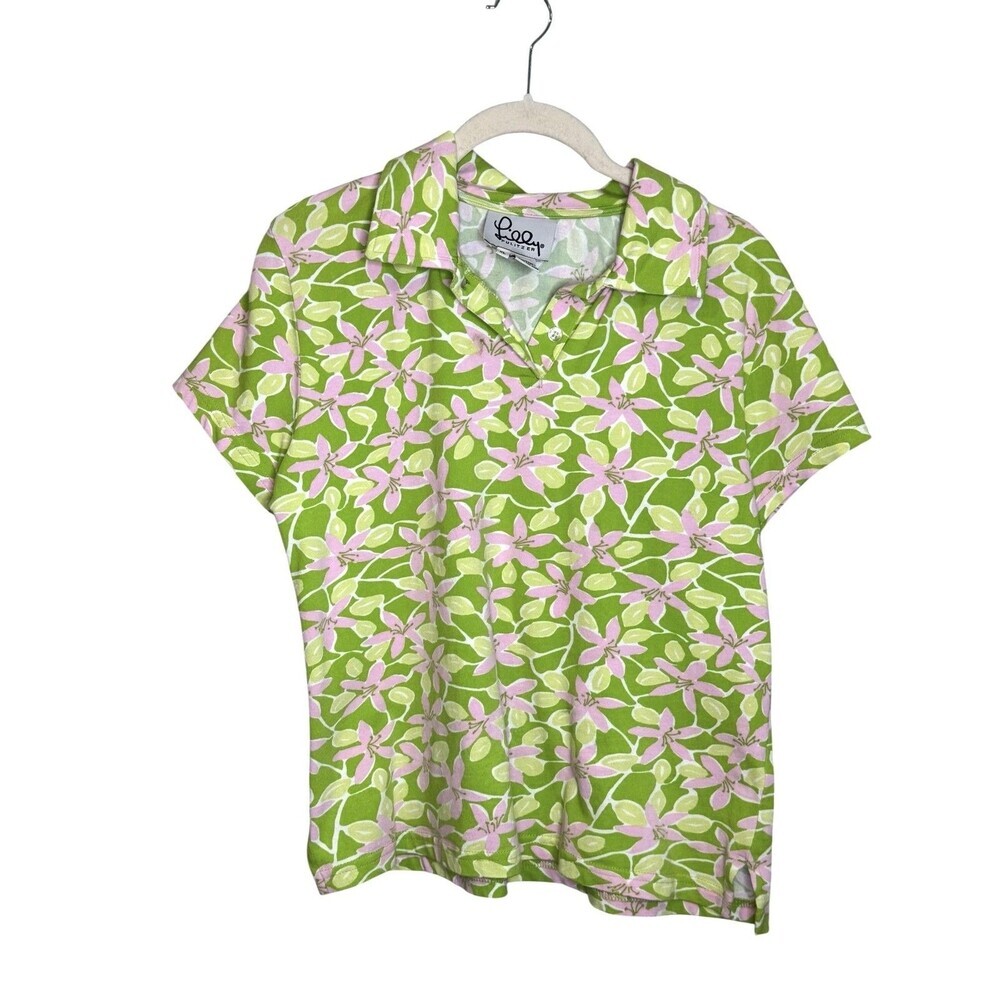 Lilly Pulitzer Polo Shirt Womens XL Green Pink Floral Stretch Short Sleeve Top